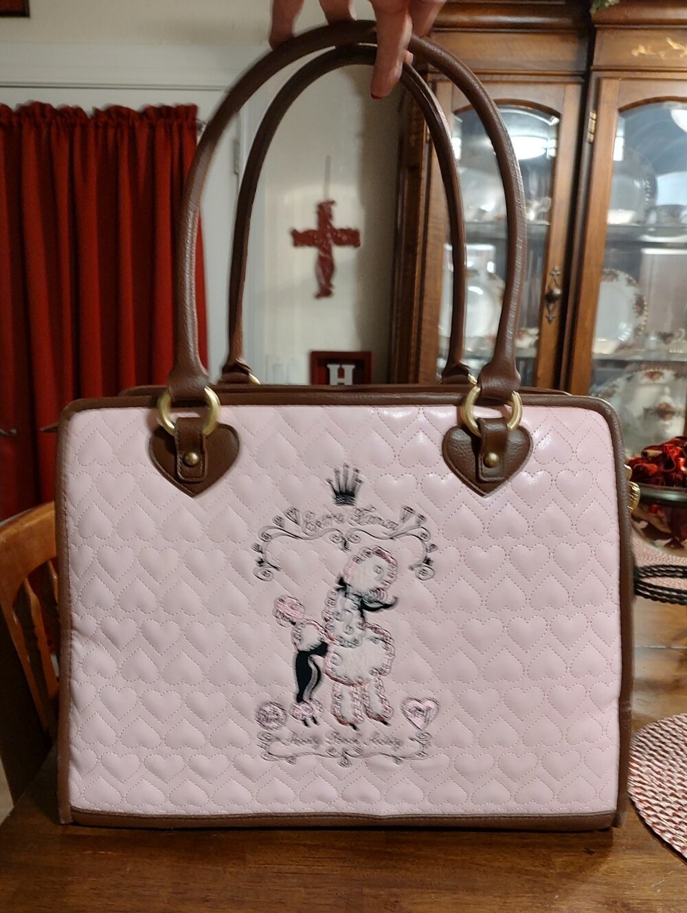 Fluff Pink Quilted Dog Carrier with Brown Trim and Printed Motif